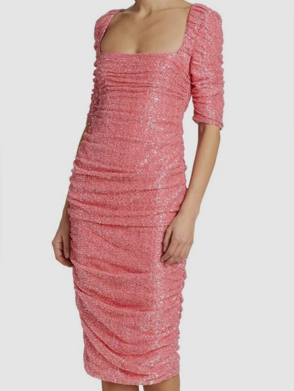 Badgley Mischka Light Pink Sequin Square Neck Ruched Cocktail Midi Dress 16 NWT